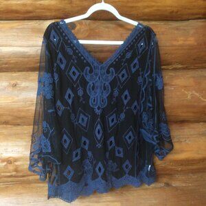 Coco + Carmen Black Mesh Blue Embroidered Crochet Detail Boho Pullover Size L/XL